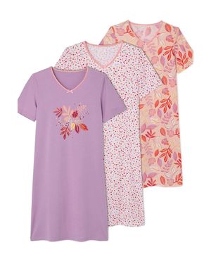 DAMART Pack Of 3 Cotton Jersey Nightdresses V Neck Short Sleeve - Pink