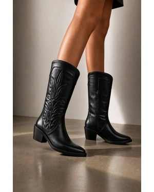 LARANGE Pu Leather Embroidered Cowboy Boots - Black