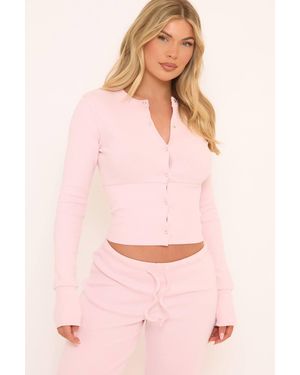 EGO Fitted Long Sleeve Button Crew Neck Ribbed Top - Pink
