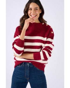 DAMART Striped Roll Neck Jumper With Shoulder Buttons - Red