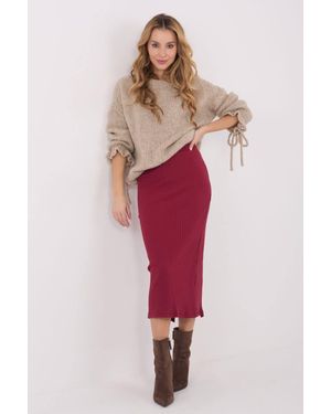 Love Lace Knitted Midi Skirt With Slit Ribbed Cotton - Red