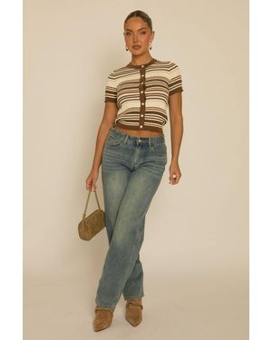 Rebellious Fashion Stripe Rib Knit Button Down Top - Natural