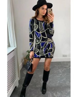 CY Metallic Trim Chain & Aztec Print Knit Dress - Black