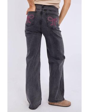 Stylewise Straight Leg Bow Detail Stretch Denim Jeans - Blue