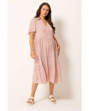 Yours Ditsy Floral Tiered Midi Dress - Pink