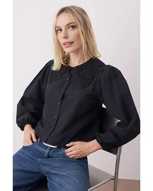 WOVCOR Cropped Button-Up Shirt W/ Guipure Lace Collar - Blue