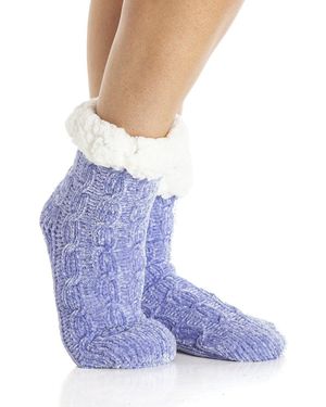 CAMILLE Chenille Cable Plain Slipper Sock - Blue