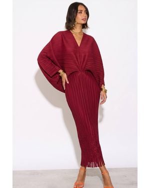 CY Floral Cutwork Pleated Kimono Sleeve Midi Dress - Red