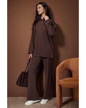 WOVCOR 2 Piece Soft Knit Long Sleeve Top & Wide Leg Trousers Set - Brown