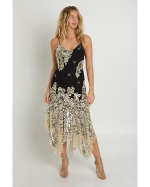 Nasty Gal Cutwork Lace Hand Embellished Sequin Hanky Hem Midi Dress - Black
