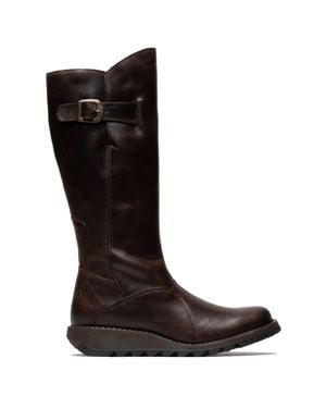 TruClothing Wedge Heel Buckle Side Zip Knee High Leather Boots - Black