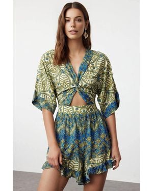 WOVCOR Printed Cut Out Frill Detail Playsuit - Green