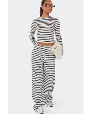 EGO Wide Leg Striped Mid Rise Joggers - White