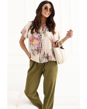Love Lace Viscose Floral Round Neck Short Sleeve Blouse - Multicolour