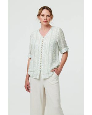 Izabel London Printed Button Front Curve Hem Blouse - Green