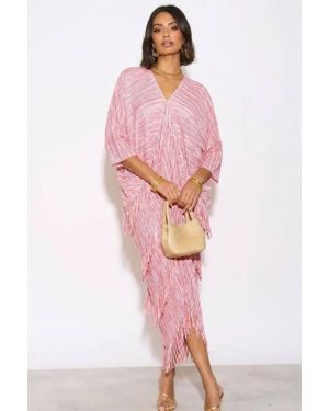 CY Pleated Midi Dress With Layered Tassels & Fringe Detail - Pink