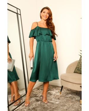 Double Second Off-Shoulder Satin Midi Dress - Green