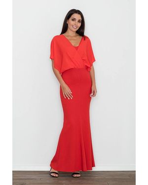 Love Lace Elegant Fitted Long Dress With Sheer Overlay Style 111036 - Red