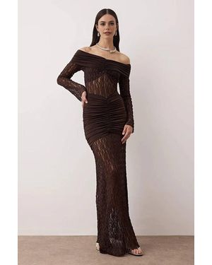 WOVCOR Shoulder Lace Maxi Evening Dress - Brown