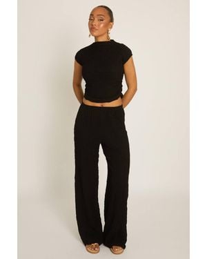 Rebellious Fashion Textured Top & Wide Leg Trouser Co-Ord Set - Black