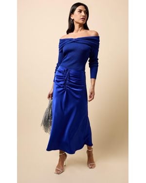 Little Mistress Cobalt Gathered Detail Satin Midaxi Skirt - Blue