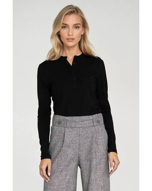 KDMD Elastic Polo Neck Fitted Button Blouse - Black