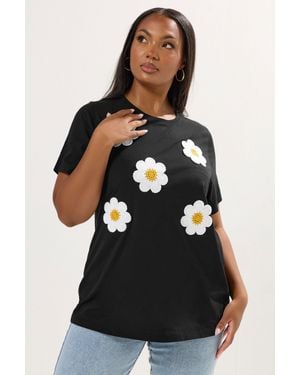 Yours Applique Daisy T-Shirt - Black