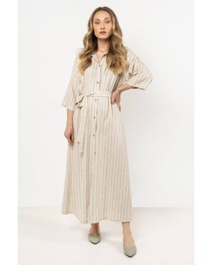 Love Lace Linen Striped Relaxed 3/4 Sleeve A-Line Dress - Natural