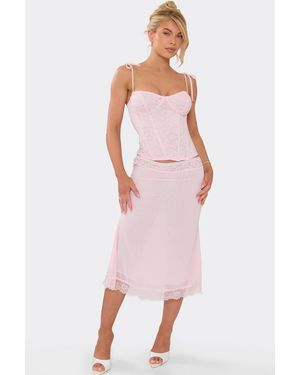 EGO Lace Trim Chiffon Low Rise Midi Skirt - Pink