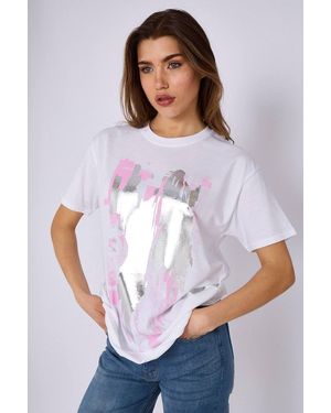 Stylewise Foil Graphic Print Crew Neck Short Sleeve T-Shirt - White