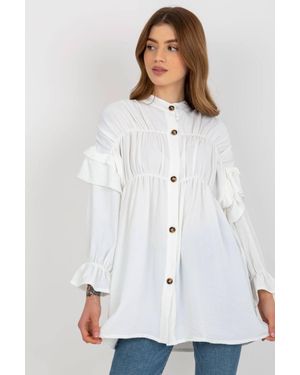 KDMD Long Sleeve Loose Button Down Shirt Ruffles - White