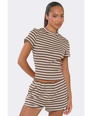 EGO Fitted Short Sleeve Crew Neck Striped T-Shirt - Brown