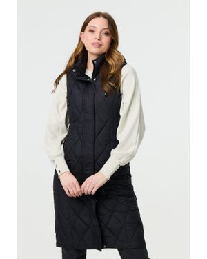 Izabel London Hooded Sleeveless Longline Puffer Gilet - Black