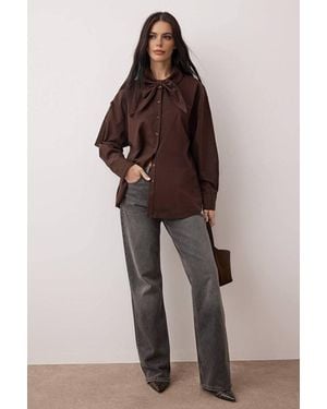 WOVCOR Cotton Poplin Shirt W/ Bow Tie Neck Detail - Brown