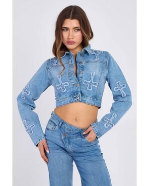 Stylewise Cross Embroidered Cropped Denim Jacket - Blue