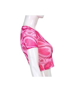 KDMD Heart Print Short Sleeve Scoop Neck Crop T-Shirt - Pink