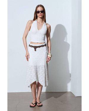 Dilvin High-Waist Lace A-Line Midi Skirt - Grey