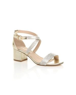 AJVANI Mid Block Heel Crossed Straps Diamante Sandals - White