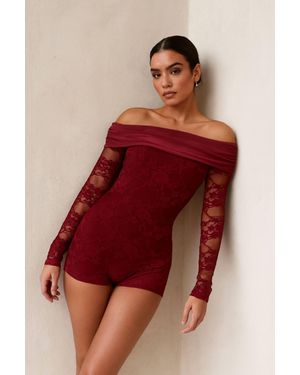 Stylewise Lace Detail Off-Shoulder Long Sleeve Playsuit - Red