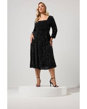 Yours Sequin Velvet Skater Dress - Black