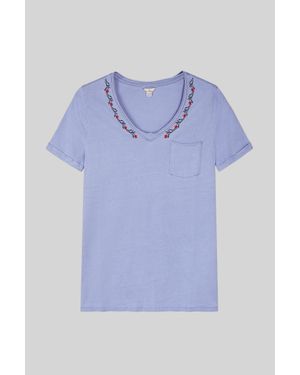 Enorsia Washed Embroidered V-Neck T-Shirt - Blue