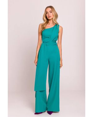 Love Lace Asymmetric One Shoulder Sleeveless Wide Leg Jumpsuit - Blue
