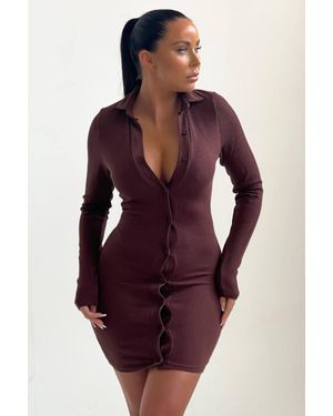 Femme Luxe Ribbed Long Sleeve Button Up Bodycon Mini Dress - Purple