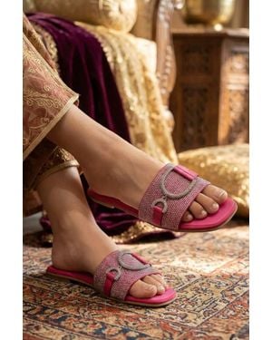 LARANGE Rhinestone D-Buckle Flat Slides Sandals Hot - Brown