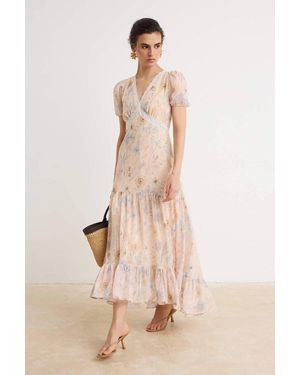 WOVCOR V Neck Balloon Sleeve Skater Maxi Dress - Natural