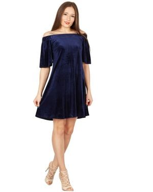 Cutie London Bardot Swing Flared Velvet Dress - Blue