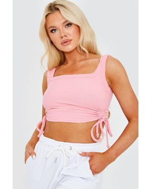 Stylewise Ribbed Ruched Cropped Vest Top With Drawstring - Pink