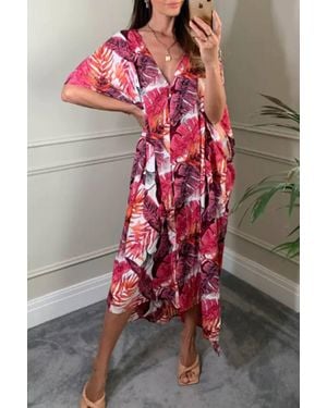CY Statement Tropical Print Kaftan Dress With Deep V-Neck - Red