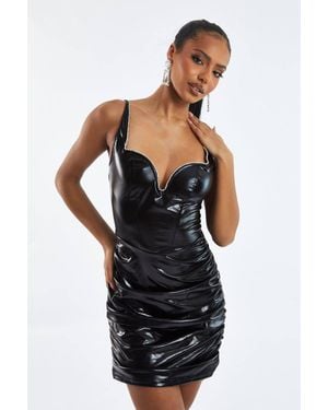 Rebellious Fashion Faux Leather Side Ruched Mini Dress - Black