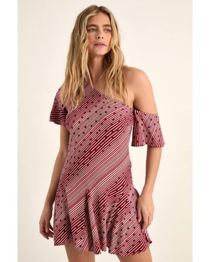 Nasty Gal Polka Dot Stripe Mix Off-The Shoulder Godet Hem Mini Dress - Red